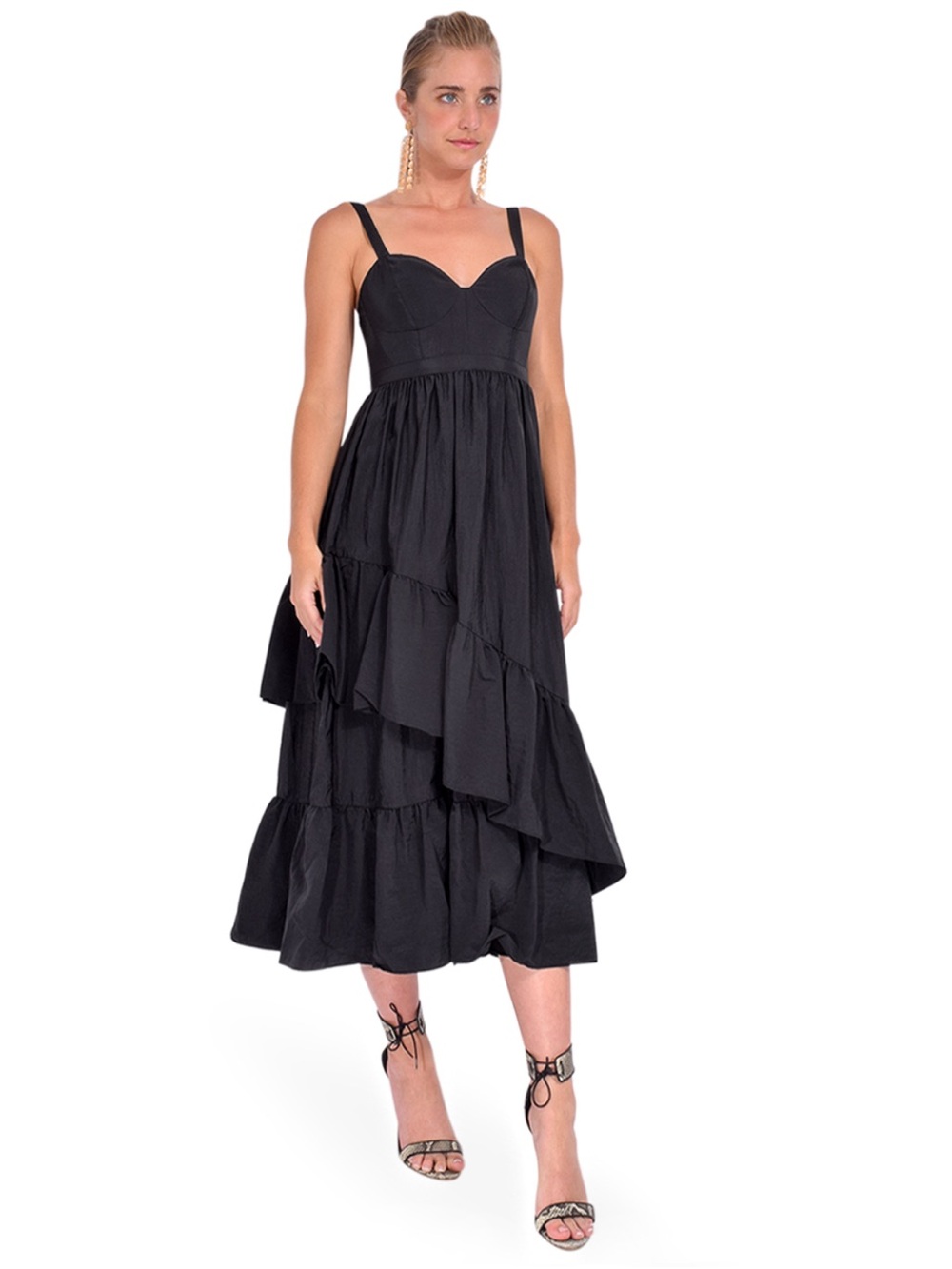 CINQ A SEPT asymmetrical Tiered Black Midi Dress with Spaghetti Straps